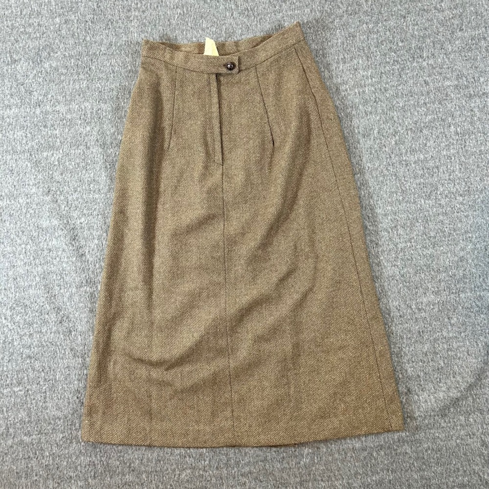 Vintage Wool Tweed Skirt Brown Herringbone High Waist‎ Midi Career Size 5/6 80s